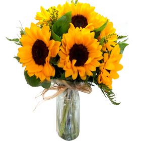 Buqu� de girass�is no vaso Feliz