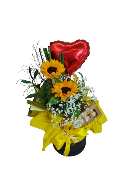 Arranjo de girass�is chocolate e bal�o 