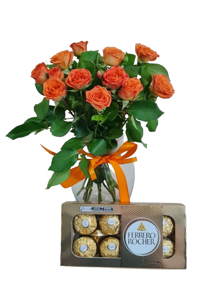 Vaso com mini rosas laranja e chocolate