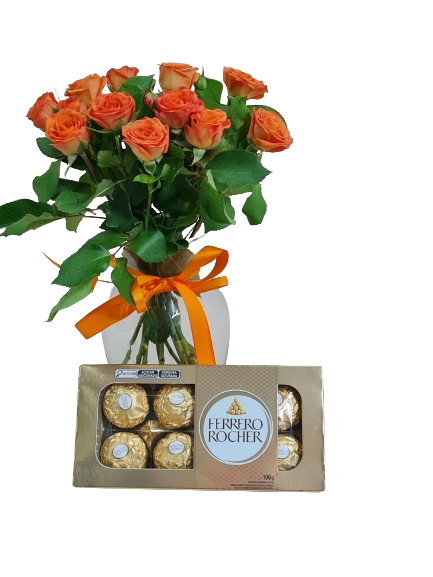 Vaso com mini rosas laranja e chocolate