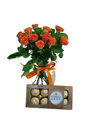 Vaso com mini rosas laranja e chocolate