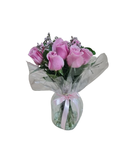 Vaso com 8 rosas lilas