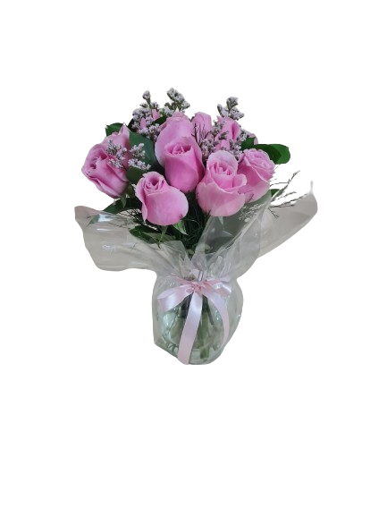 Vaso com 8 rosas lilas