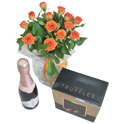 Vaso de mini rosas laranja com chocolate e Chandon