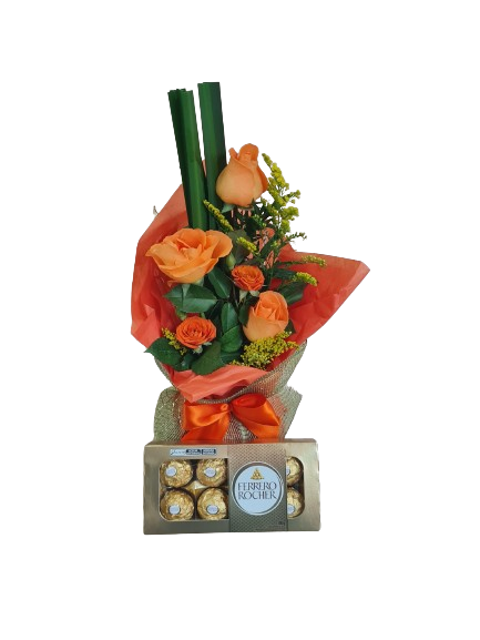 Arranjo de rosas Laranja com chocolate