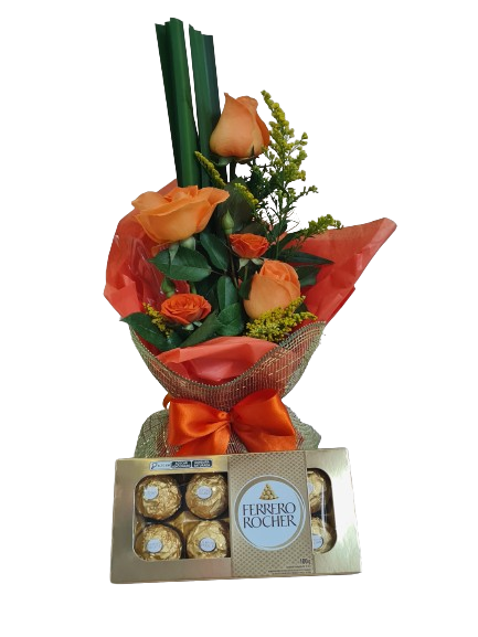 Arranjo de rosas Laranja com chocolate