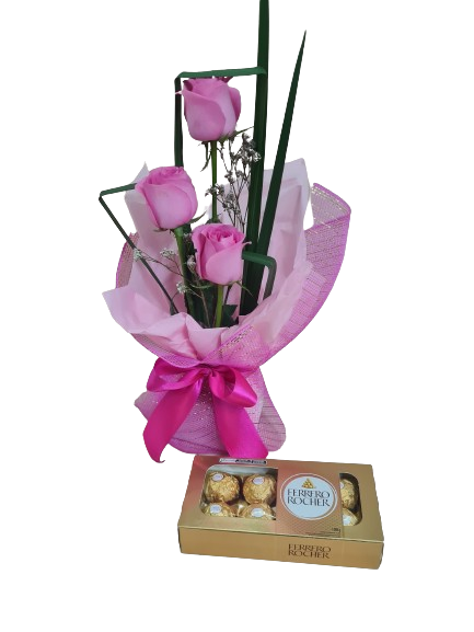 Arranjo de rosas rosada com chocolate