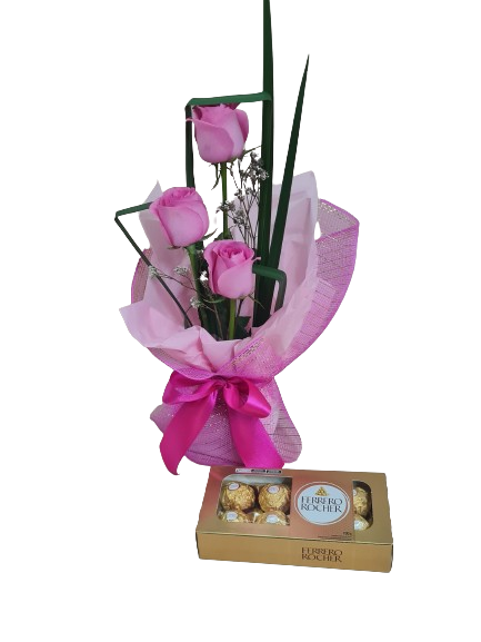 Arranjo de rosas rosada com chocolate
