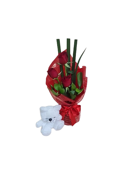 Arranjo de rosas vermelhas e mini pel�cia