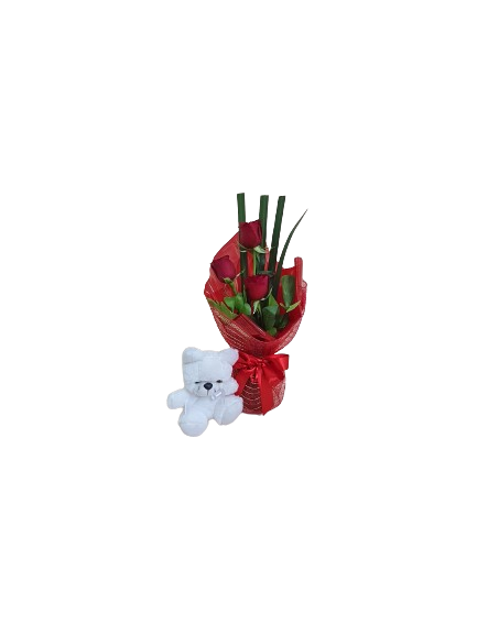 Arranjo de rosas vermelhas e mini pel�cia