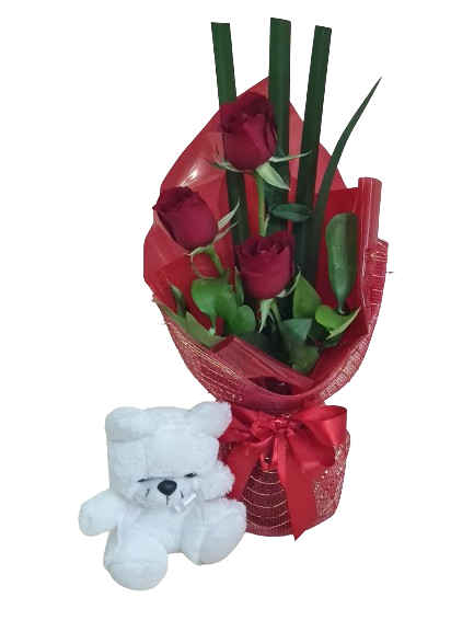 Arranjo de rosas vermelhas e mini pel�cia