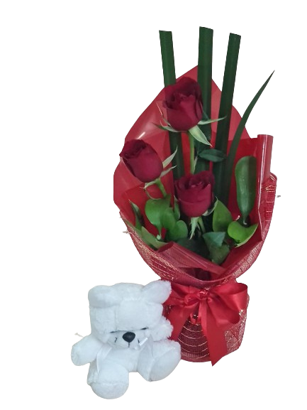Arranjo de rosas vermelhas e mini pel�cia