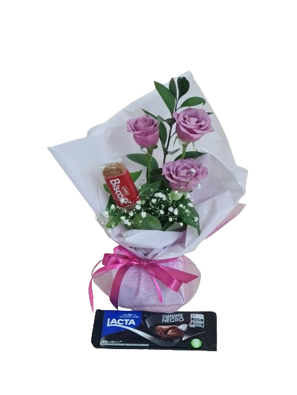 Arranjo  de rosa lil�s, biscoito de canela e Diamante Negro