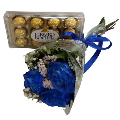 Buqu� com 3 rosas azuis e chocolate
