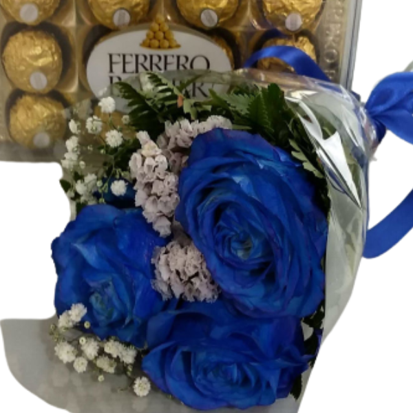 Buqu� com 3 rosas azuis e chocolate