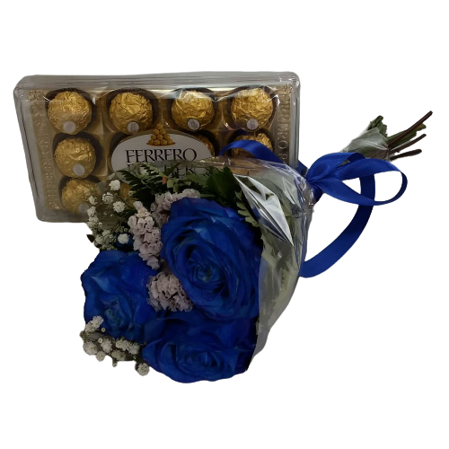 Buqu� com 3 rosas azuis e chocolate