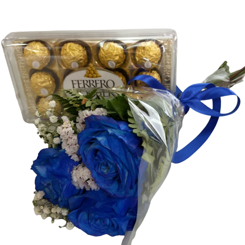 Buqu� com 3 rosas azuis e chocolate