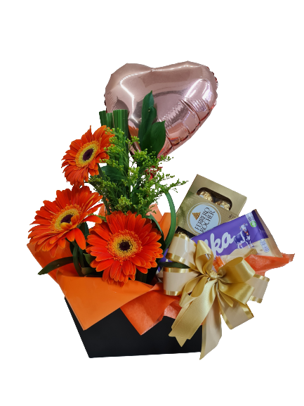 Caixa de g�rberas e chocolates