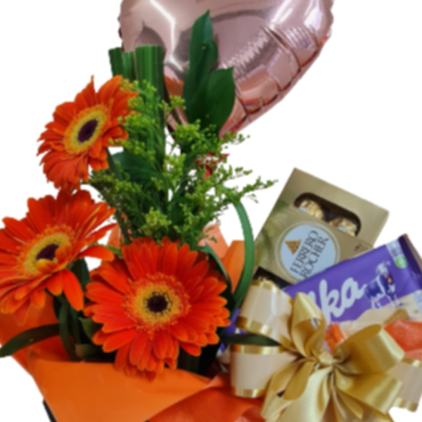 Caixa de g�rberas e chocolates