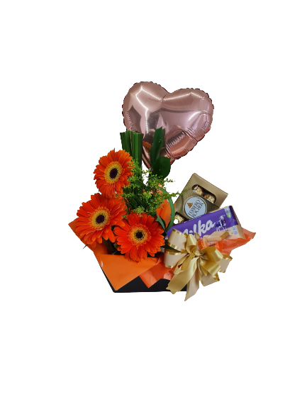 Caixa de g�rberas e chocolates