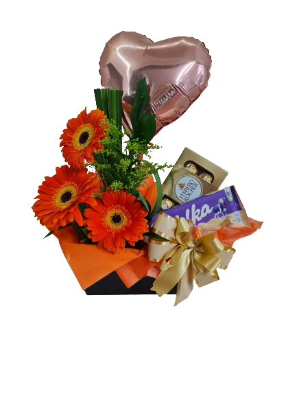 Caixa de g�rberas e chocolates