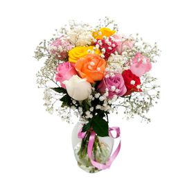 12 rosas coloridas no vaso Ver�o